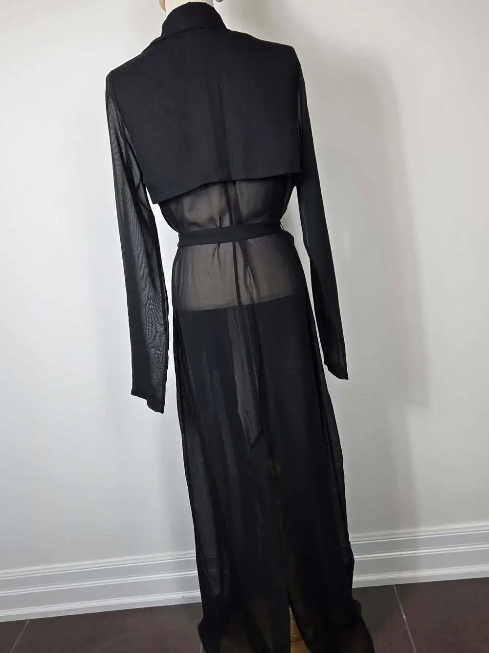 Lux LA Sheer Black Mesh Maxi Duster Robe Tie Waist Y2K Goth M